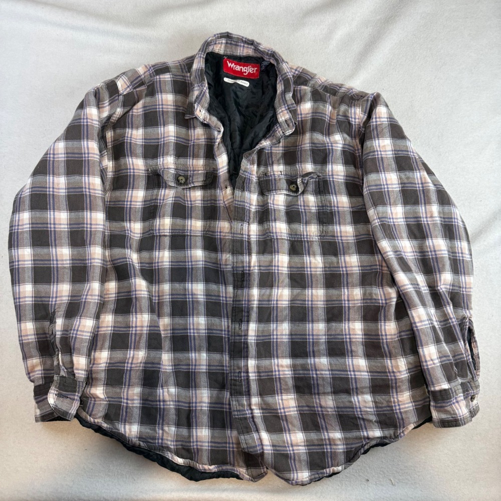 Wrangler Mens XL Quilted Flannel Shirt Jacket Plaid Brown Tan Workwear Lined